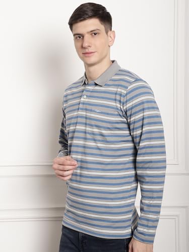Image of Men's Cotton Full-Sleeve Polo Collar Striped T-Shirt