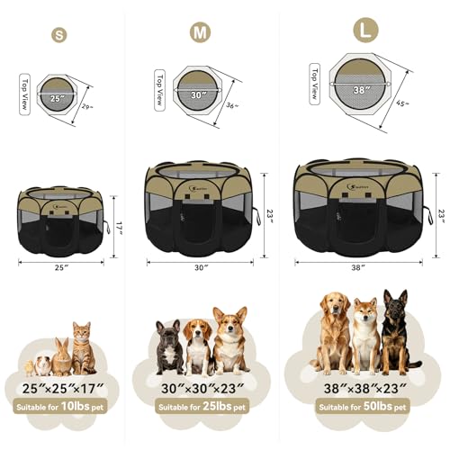 Image of Siedihit Puppy Playpen for Small Dog Cat, Dogs Tent Crate Cage Indoor /Outdoor, Portable Pop Up Dog Kennel with Carrying Bag for Rabbits, Removable Top (Black Khaki, Small)