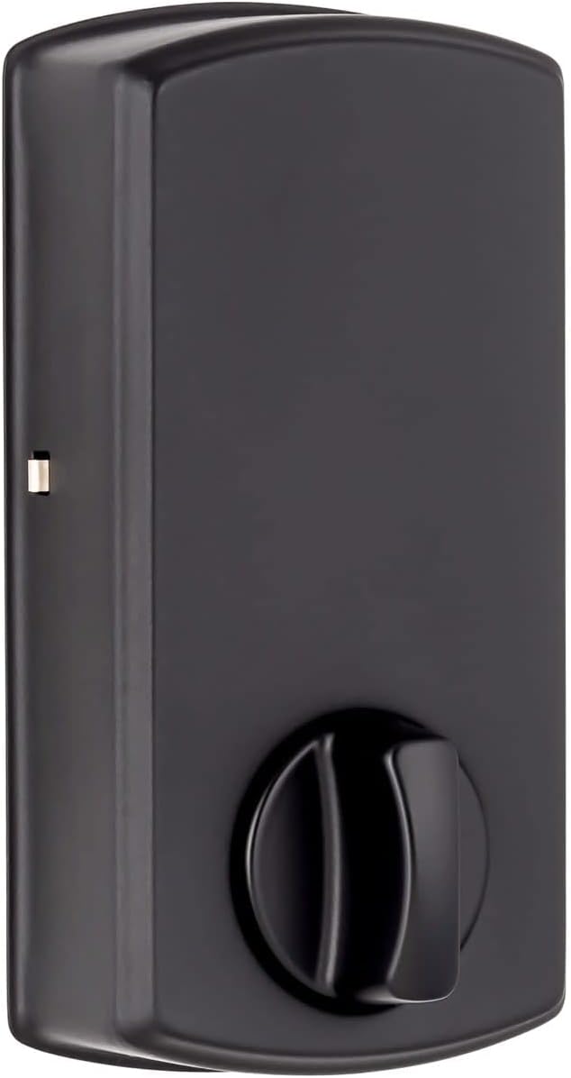 Side view of the interior unit of the flat black deadbolt, showing the thumb turn