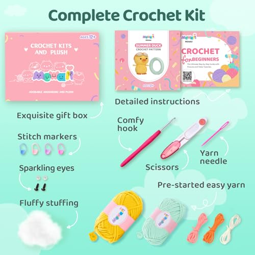 Image of Mewaii Crochet Kit for Beginners Level 2 with 40% Extra Pre-Started Easy Yarn, Step-by-Step Video Tutorials for Adults and Kids (Summer Duck) | 40% Extra Yarn, Photo & Video Guide, Pre-Started Piece, Complete Tool Kit, Creative Craft Gift for Adults & Kids