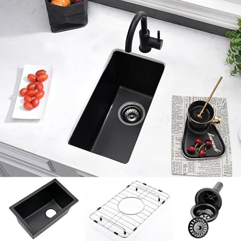 10 Inch Black Bar Sink Undermount-VASOYO 10x18 Undermount Bar Sink Black Quartz Sink Bar Prep Rv Kitchen Sink Small Single Bowl Kitchen Bar Sink Wet Bar Sinks Basin with Bottom Grid Cover