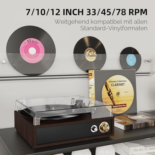FYDEE Plattenspieler, Schallplattenspieler mit Stereo Lautsprecher, Bidirektionales Bluetooth 5.4, Direkte USB-Aufnahme Vinyl zu MP3, 3 Geschwindigkeiten (33/45/78), RCA-Ausgang, Retro Ebenholz