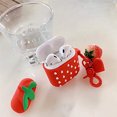 Bontoujour Case Compatible With Airpods 1/2, Super Cute Creative Lovely Delicious Fruit Red Strawberry Shape Case, Soft Silicone Earphone Protection Skin + Strawberry Pendant Keychain #TOP5