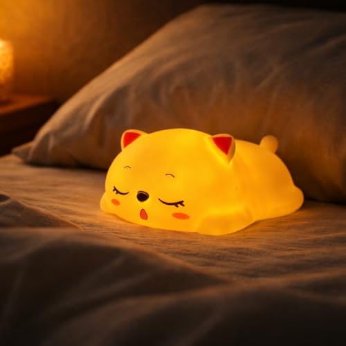 Image of Cute Sleeping Cat Night Light Lamp, Yellow LED Bedside Light for Kids & Teens, Small Decorative Night Lamp for Bedroom & Desk, Battery Operated, Gift for Birthday, Valentine's Day & Christmas