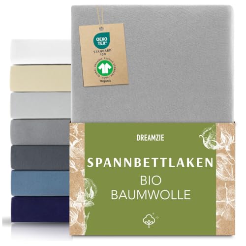 Dreamzie Premium Spannbettlaken 80x200 cm Grau, Spannbetttuch aus 100% Jersey Biobaumwolle, 150 g/m² - Oeko-TEX