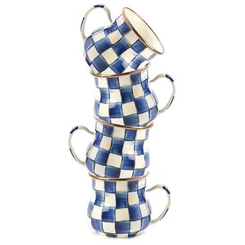 Image of MACKENZIE-CHILDS Enamel Mug, Cute Enamelware Coffee and Tea Mug, Unique Drinkware, 16 Ounces, Blue-and-White Royal Check, Set of 4