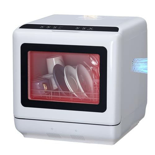 GarveeTech - lavaplatos portátil para encimera, mini lavaplatos compacto con tanque de agua integrado de 5 l, 5 programas de lavado, función de secado al aire, doble spray de 360° y alta temperatura,