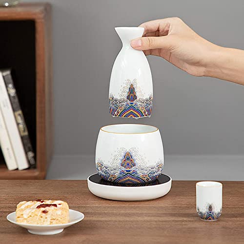 Sake Set with Warmer, Ceramics Japanese Hot Saka Set 7-Piece Including 1Pc Warming Mug, 1Pc Sake Pot, 4Pcs Sake Cups and Heated Base with Gift Package (A 1 jug 6 Cup)