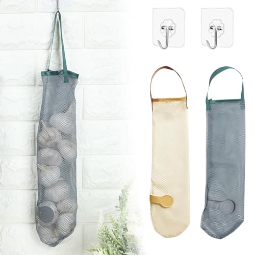 JERZY 2 Pcs Guarda Bolsas De Plastico Cocina, Dispensador Organizador Bolsas Plástico,Bolsas de Basura Colgantes, Bolsa de Almacenamiento Colgante para frutas y verduras,ajos y cebollas(con 2 Ganchos)