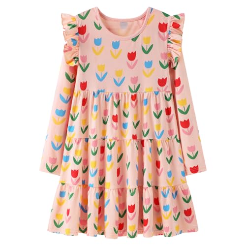 Image of Girl Long Sleeve Dress Ruffle Rainbow Color Block Cotton Casual Tiered Pleated Twirly Dress