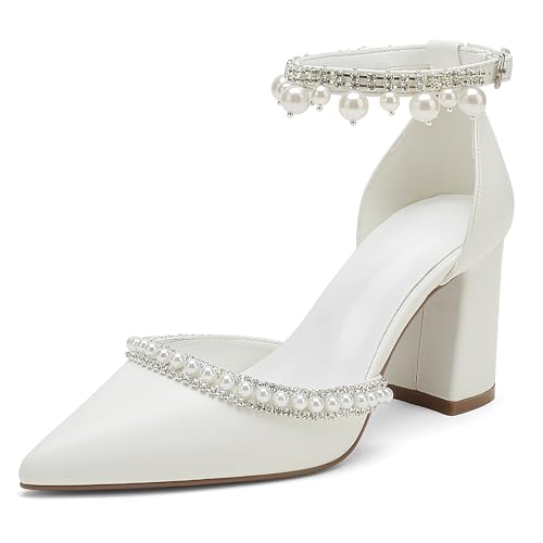Hyinlays Women's Chunky Block Heels Open Toe Pump Heels with Pearls Ankle Strap Wedding Sandals Evening Party Dress Shoes