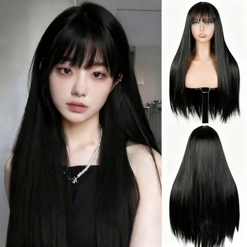 Image of Creamily Black Wig for Women, 22 Inch Long Straight Wig with Bangs, Full Head Synthetic Korean Style Cosplay Wigs