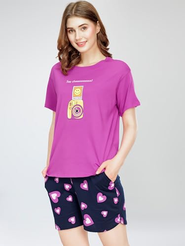 Image of ZEYO Night Suit for Women's Floral & Cheetah Printed Cotton Night Dress of Top and Short's Set 5737
