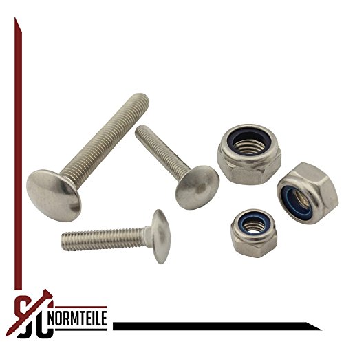 Flachrundschrauben/Schlossschrauben mit Sicherungsmuttern (Stoppmuttern) - M6x35 - (10 Stück) - Vollgewinde - DIN 603 / DIN 985 - Edelstahl A2 (V2A) - SC603 / SC985