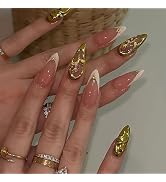 QEYRIYI 3D Gold Rose Press on Nails Medium Almond Fake Nail with 3D Gold Stripe Star Designs Whit...