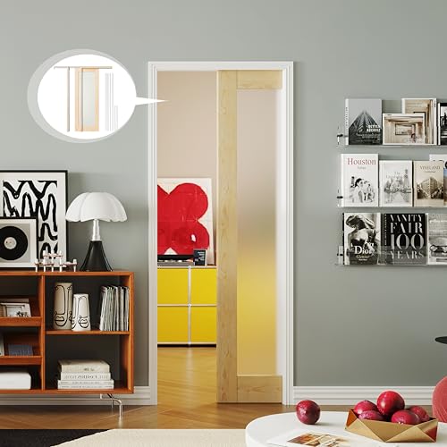 Image of Interior Pocket Door, 1-Lite Frosted Glass Pantry Door Panel with Frame and Hardware Kit Set Plus Door Jamb, 32 inch x 80 inch Single Closet Door Slab for Sliding Door, No Panel Assembly Required