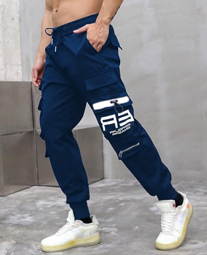 Image of Kraasa Men Printed Cotton Blend Slim Fit Regular Cargo Joggers