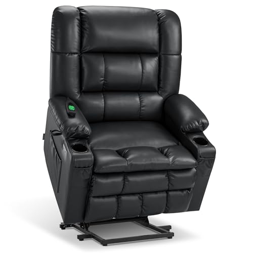 MCombo Dual Motor Power Lift Recliner Chair for Elderly, Lay Flat Lift Chair with Heat and Massage, Oversized Lift Recliner for Big and Tall, Faux Leather R7891 (Black, Oversized)
