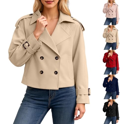 Generisch Trenchcoat Damen Kurz - Kurzer Jacke Zweireiher Kurzmantel Übergang Trench Coat Klassische Herbst Frühling Sommermantel Leichte Damenmantel Mantel Übergangsmantel Reverskragen 2 Khaki L