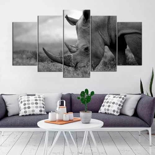 Rhinocéros vie sauvage noir et blanc impression sur toile 5 parties pour maison