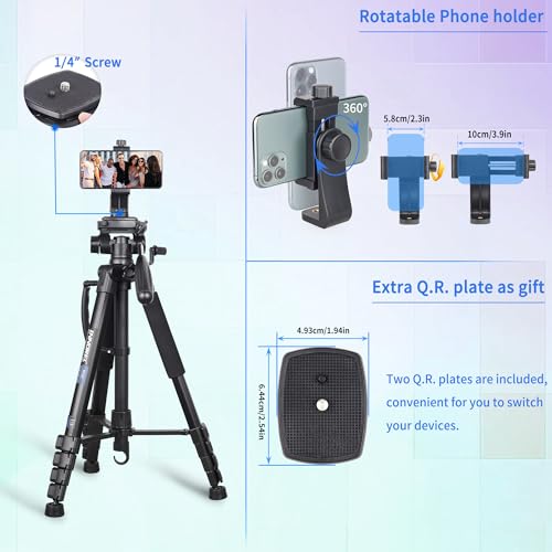 Image of INNOREL 72 inch Camera Tripod with Carry Bag, Lightweight Travel Aluminum Professional Tripod Stand (17lb /8kg Load) with Rotatable Phone Clip for DSLR, Cellphone, Canon, Nikon, Sony and DV Video RT20
