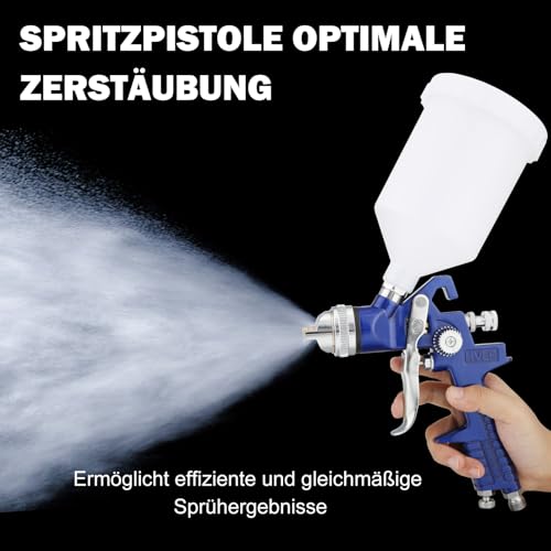 HVLP - Pistola a spruzzo con 4 ugelli 1,4/1,7/2,0/2,5 mm, pistola a spruzzo professionale a gravità, con bicchiere di plastica da 600 ml, misuratore di pressione (blu)