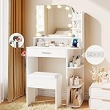 wanan Makeup Vanity with Chair, Small Vanity Desk with Mirror and Lights 3 Colors, Girls Vanity Set with Power Outlet, Compact Vanity Table for Small Space, White