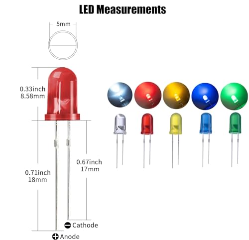 Image of 200pcs Colorful LED Light Diodes 10 Values 5 Colors 3mm and 5mm Light Emitting Diodes Assorted Kit Electrical Components for Lighting Bulbs and Lamps