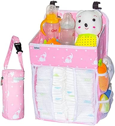 Selbor Baby Nursery Organizer and Diaper Caddy, Hanging Diaper Stacker Storage for Changing Table, Crib, Playard - Nursery Organization for Newborn (Pink Starry Elephant, Bottle Cooler Included)