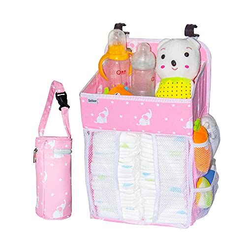 Selbor Baby Nursery Organizer And Diaper Caddy, Hanging Diaper Stacker Storage For Changing Table, Crib, Playard - Nursery Organization For Newborn (Pink Starry Elephant, Bottle Cooler Included) #TOP2