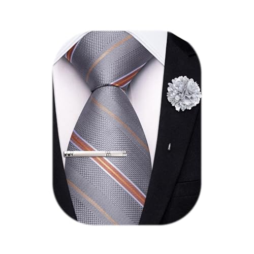 Image of Hi-Tie 63 inches Striped Paisley Extra Long Ties for Men Silk Necktie with Lapel Pin Tie Clip Big and Tall Men Formal Wedding