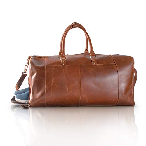KomalC 24 Inch Leather Duffel Bags for Men and Women Full Grain Leather Travel Overnight Weekend Leather Bags Sports Gym Duffel for Men (Tan with Shoe pocket)