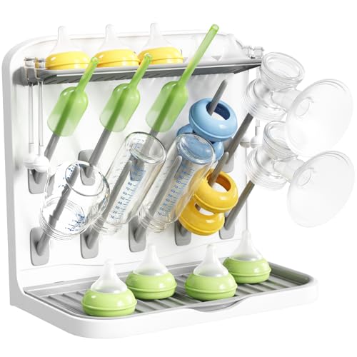 Image of Lifewit Baby Bottle Drying Rack with 10 Hooks, Newborn Essentials Must Haves, Countertop Holder Organizer for Baby Stuff, Rack Dryer for Pacifiers, Weighted Straws, Pump Parts