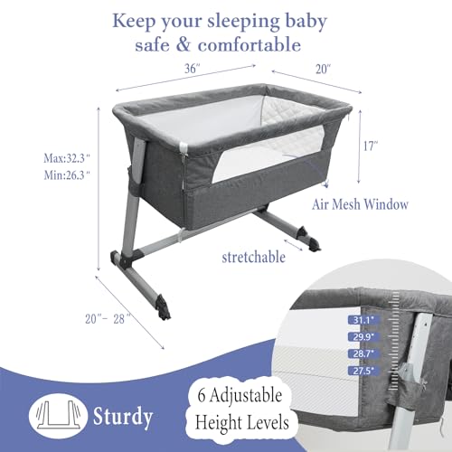 PEARLOVE Upgraded 3 in 1 Baby Bassinet Bedside Sleeper, Bedside Crib with 6 Adjustable Height, Soft Mattress & Wheels, Portable Easy to Assemble Bassinet, Baby Cribs for Infant Newborn - Thumbnail 5