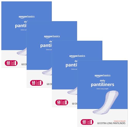Image of Amazon Basics Daily Pantiliner, Extra Long Length, Thin Feminine Pads for Women, Unscented, Leak Protection, Daily Use, 68 Count (Previously Solimo) (Pack of 4)