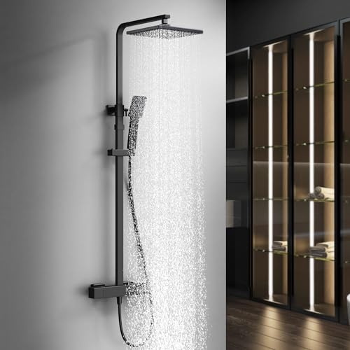 HOMELODY Système de douche avec thermostat noir, mitigeur de douche, en acier inoxydable, douche de pluie, robinet de douche, ensemble complet avec douche à...