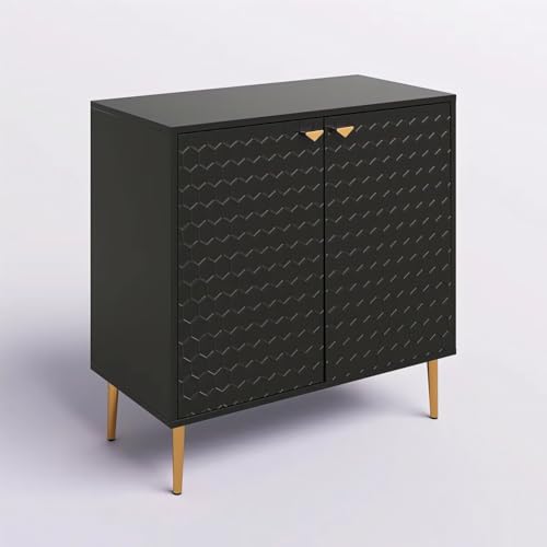 Image of Hexagon Pattern Wooden Sideboard Cabinet 2 Door Storage Unit with Metal Legs | Premium HDMR Wood Console Cabinet for Living Room, Kitchen & Dining | DIY Leg Assembly(Black)