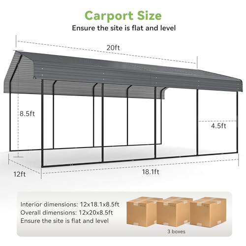 Image of 12x20FT Metal Carport, Heavy Duty Horizontal Roof Canopy with Reinforced Frame and Base for All Seasons, Outdoor Garage Carport for Tractors, Pickup Trucks or Party, Farm Equipment, Gray