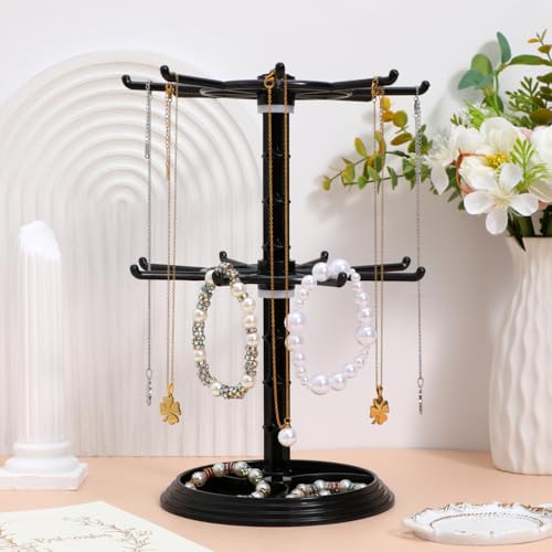 Image of IMIKEYA 2 Tier Rotating Jewelry Display Stand Black Small Metal Necklaces Holder Jewelry Tree Stand Organizer Racks for Keychain, Bracelets, Earrings, Rings