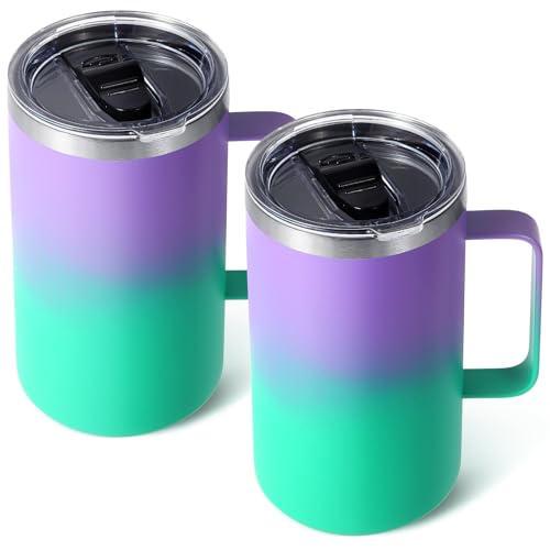 Volhoply 22oz Insulated Stainless Steel Coffee Mugs with Leakproof Lid Bulk 2 Pack,Double Wall Vacuum Travel Coffee Cup with Handle,Reusable Metal Tumbler,Camping Mug Keep Hot&Cold(Purple Green,2)