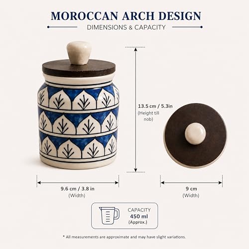 Image of Ceramic Kitchen Jars for Storage | Air Tight Containers with Wooden Lids | Masala, Salt, Pickle, Dry Fruits & Multi Utility Item Organiser Set (Hand-Painted, Blue Mughal, 450 ML, Pack of 2)