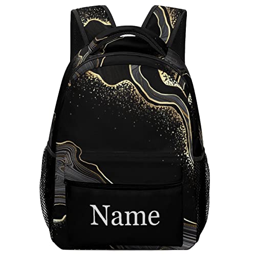 Custom Golden Black Marble Backpack for Kids Boys Girls, Children Personalized Backpack with Name Text Customized Daypack Schoolbag for Student Bookbag