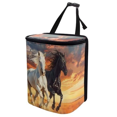 Image of Talayituse Horse Sunset Print Car Trash Can with Adjustable Straps, Foldable Car Trash Bag Bin Car Garbage Bag Multipurpose Storage Box for Vehicle Travel Camping Picnicing