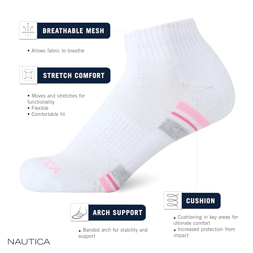 Image of Nautica Womens Quarter Socks Cushioned Moisture Wicking Socks, 12 Pack | Stretch Performance Dri-Motion Fabric, Cushioned with Arch Support, Breathable Mesh Panels, Quarter Cut, Shoe Size 4-10