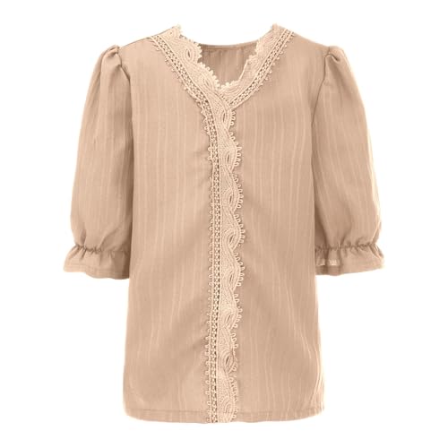 Girls Plain Lace Elegant Shirts Casual Puff Sleeve V Neck Top Trendy Solid Color Loose Fit Ruffle Hollow Blouses Tops2