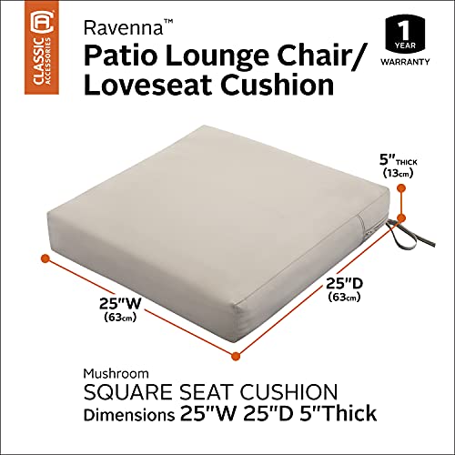 Classic Accessories Ravenna Water-Resistant 25 X 25 X 5 Inch Square Patio Seat Cushion Slip Cover & Foam, Mushroom, Lounge Chair Cushion #TOP2
