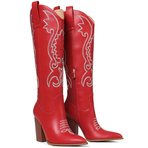 Image of VOMIRA Knee High Cowboy Boots for Women Pointed Toe Chunky High Heels Pull-on Embroidered Boots Western Boots Wide Calf Cowgirl Boots