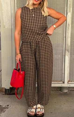 loveimgs Women 2 Piece Pants Set Lounge Summer Outfit Sleeveless Plaid Vest Tank Top Tracksuit Lightweight Pants Set3
