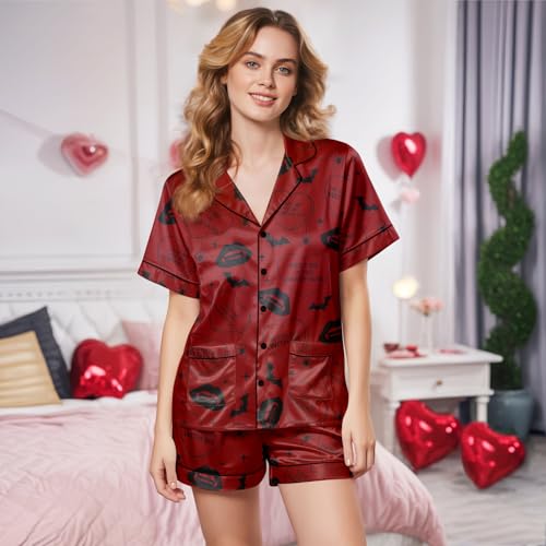 Image of Women's satin pajamas set, Short-sleeve button down Loungewear | Exclusive print on soft satin fabric; breathable comfort for sleep or lounge; button front top, elastic shorts; easy care