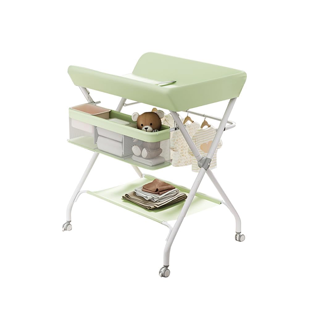 Aptliton Table à Langer Bébé Multifonction, Pliable Et Portable pour Change, Massage Et Bain, avec roulettes Silencieuses, Panier De Rangement, Tringle à Linge Et Étagère, 103x60x80cm, Gris/Vert